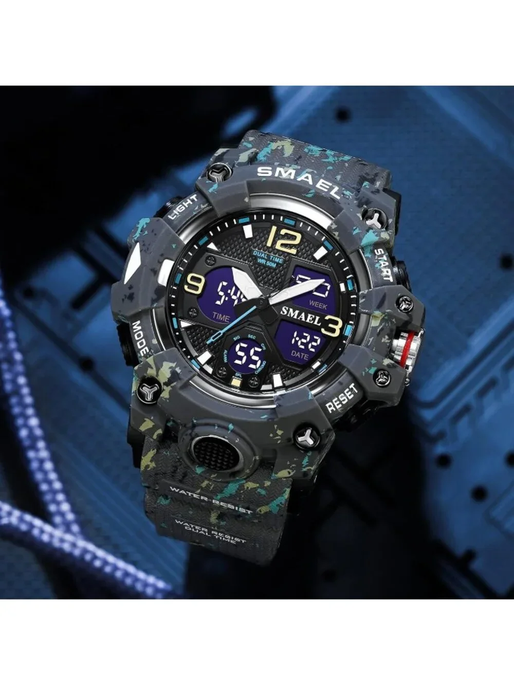 Mens Camo Grey Analog Quartz S-Shock Waterproof Outdoor Sports LED Digital Watch